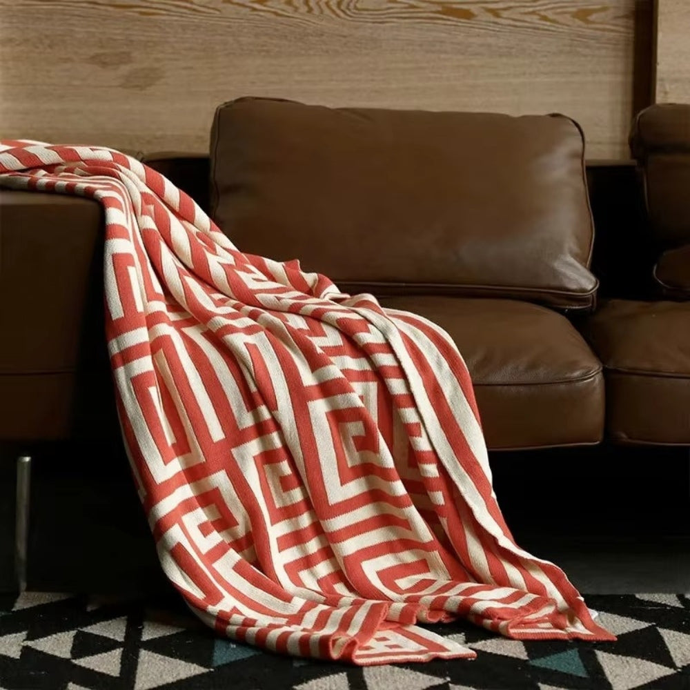 Labyrinthine Geometric Jacquard Throw Blanket Crimson Grid