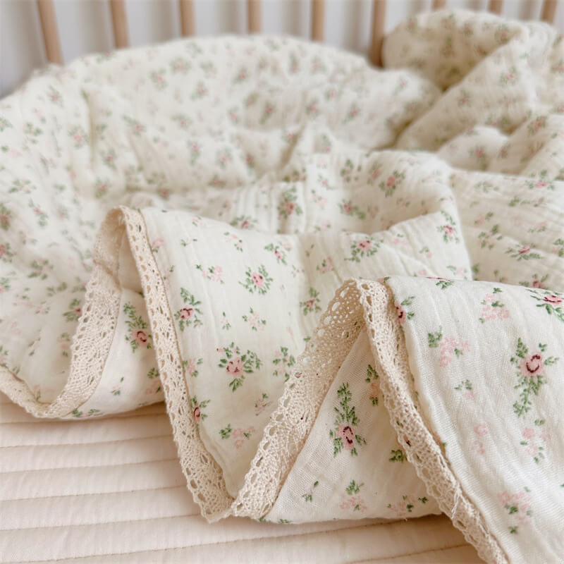 Rosebud Floral Baby Quilt – Cotton Muslin with Lace Trim