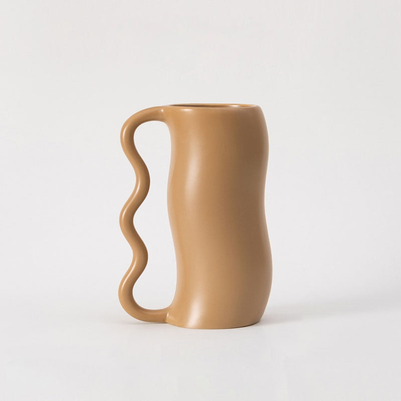 Lavender Cream Wavy Ceramic Vase Single Handle Large Brown