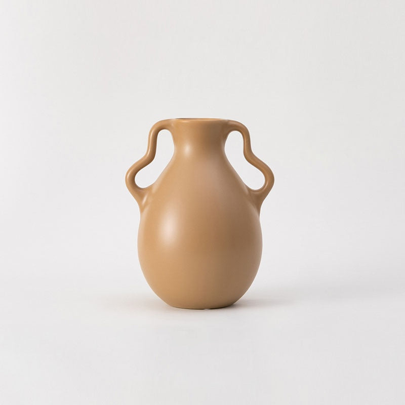 Lavender Cream Wavy Ceramic Vase Double Handle Small Brown