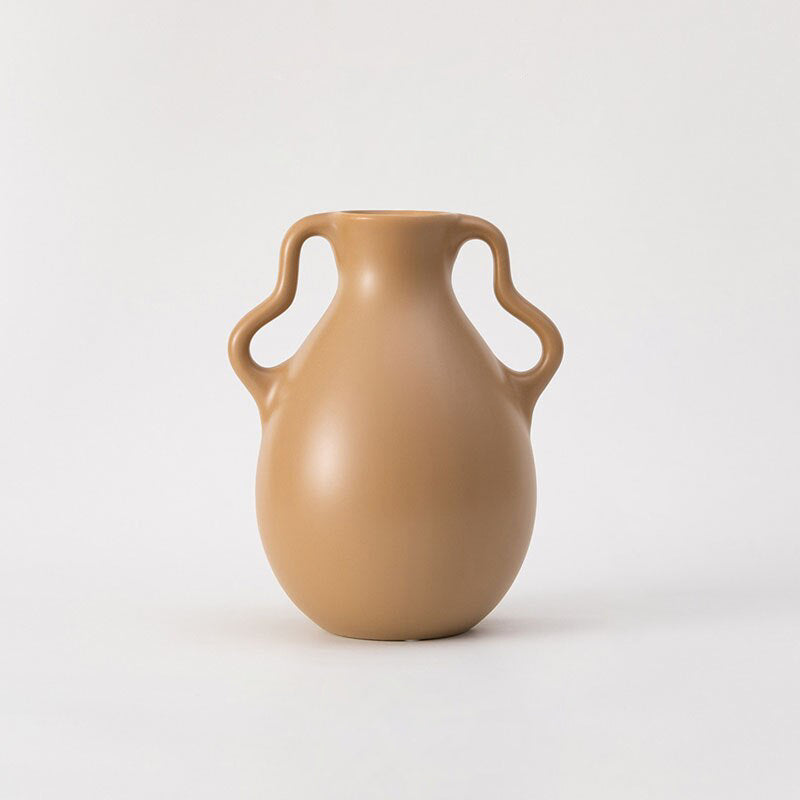 Lavender Cream Wavy Ceramic Vase Double Handle Large Brown