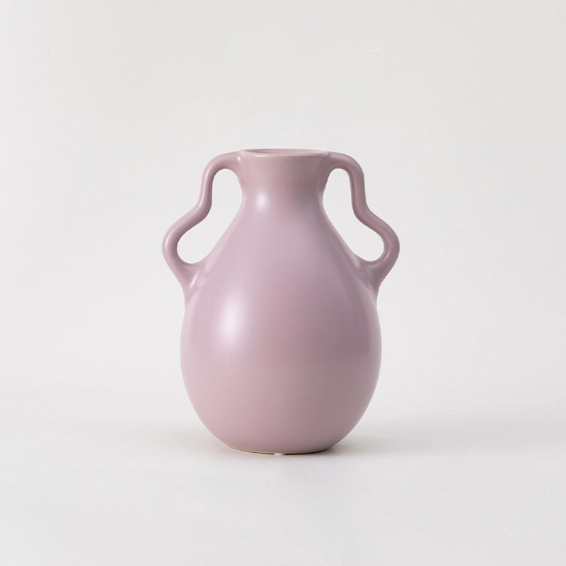 Lavender Cream Wavy Ceramic Vase Double Handle Large Violet