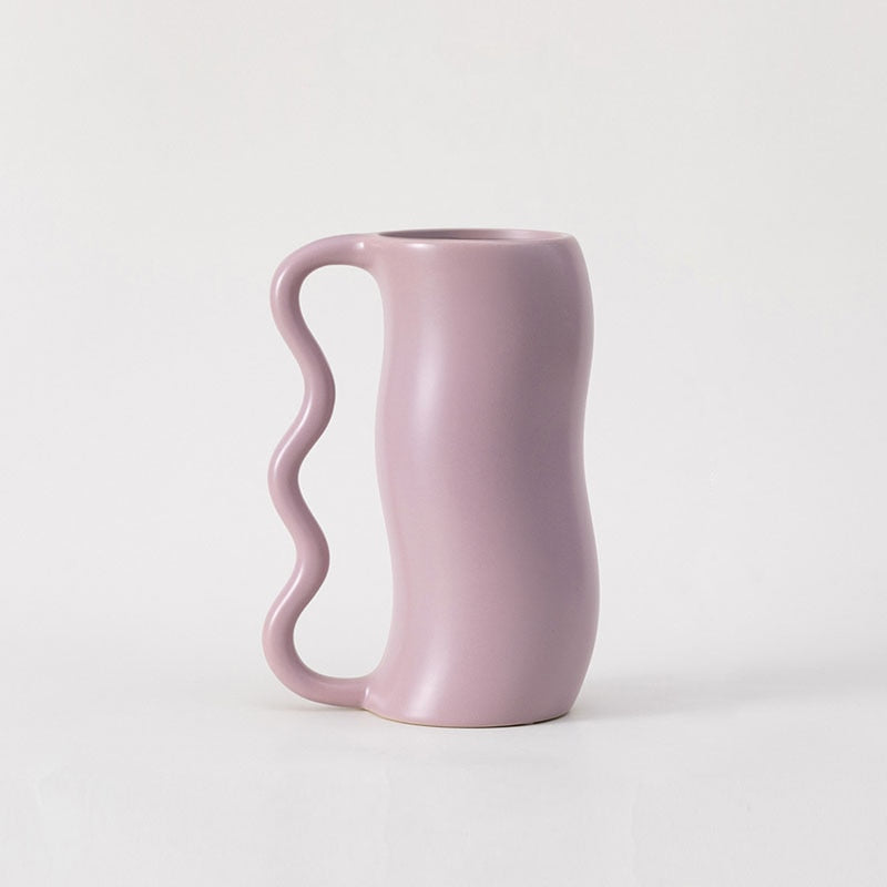 Lavender Cream Wavy Ceramic Vase Single Handle Large Violet