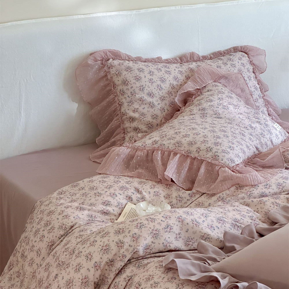 Lavender Floral Gauze Bedding Set – Chiffon Ruffled Edges