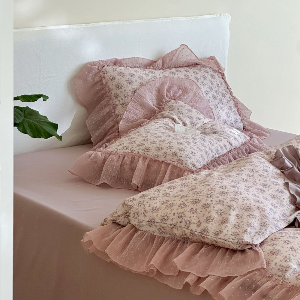 Lavender Floral Gauze Bedding Set – Chiffon Ruffled Edges