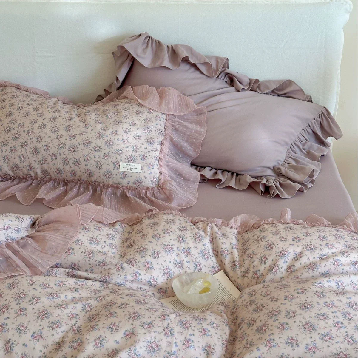 Lavender Floral Gauze Bedding Set – Chiffon Ruffled Edges