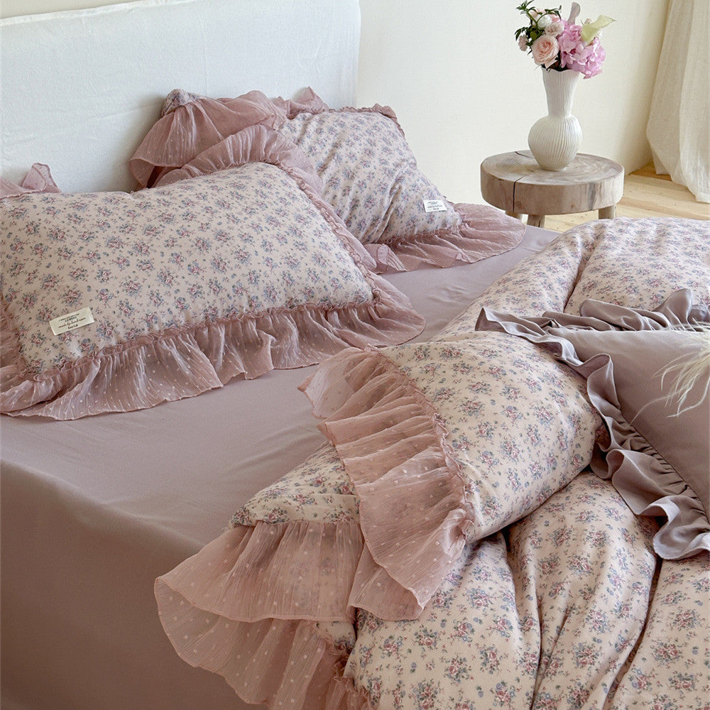 Lavender Floral Gauze Bedding Set – Chiffon Ruffled Edges