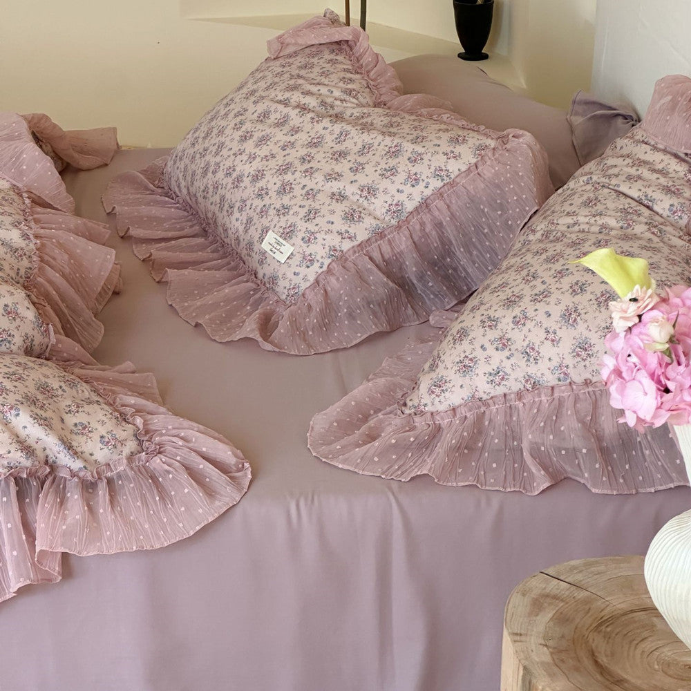 Lavender Floral Gauze Bedding Set – Chiffon Ruffled Edges