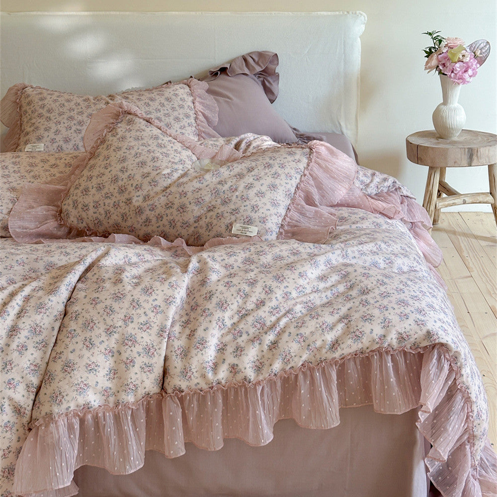 Lavender Floral Gauze Bedding Set – Chiffon Ruffled Edges