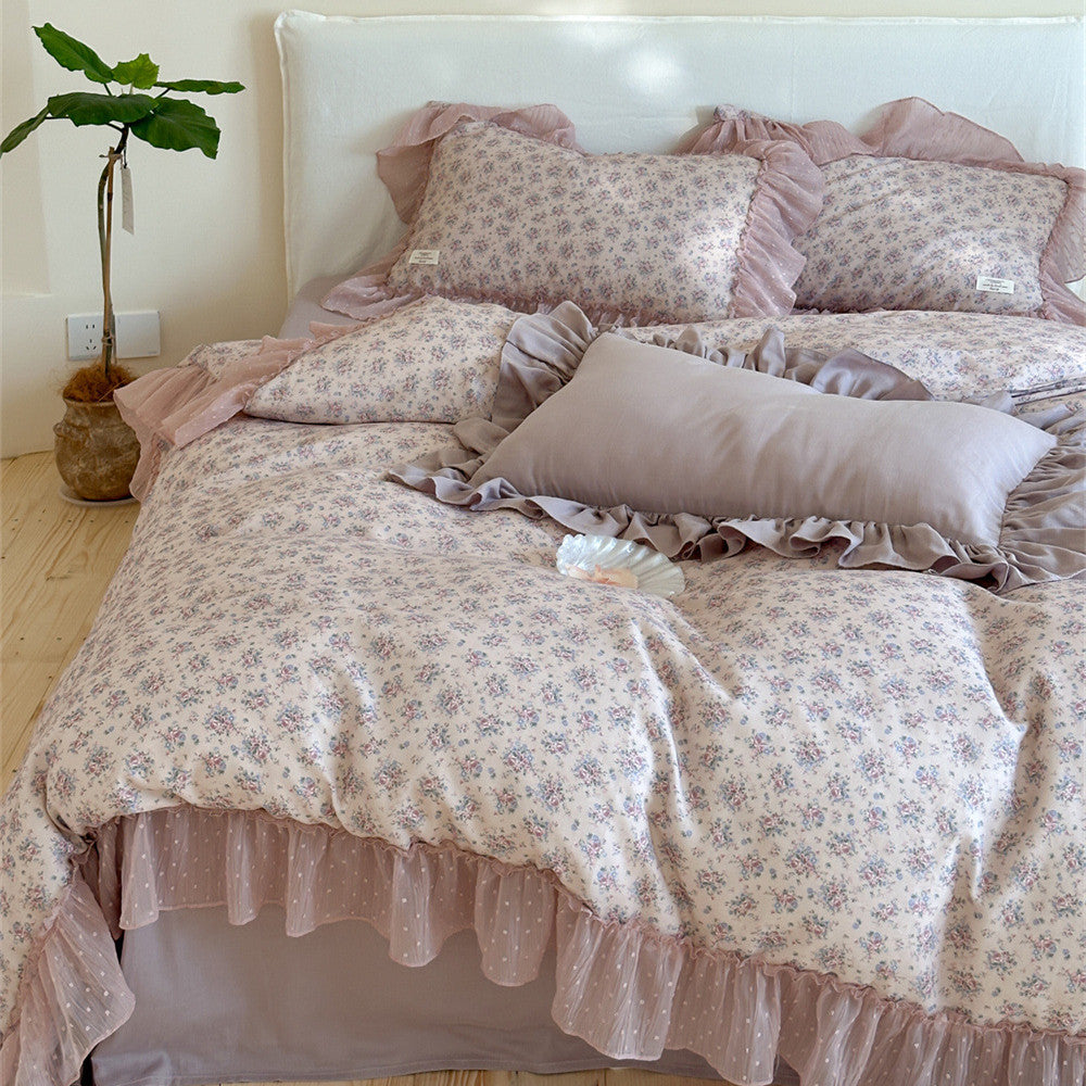 Lavender Floral Gauze Bedding Set – Chiffon Ruffled Edges
