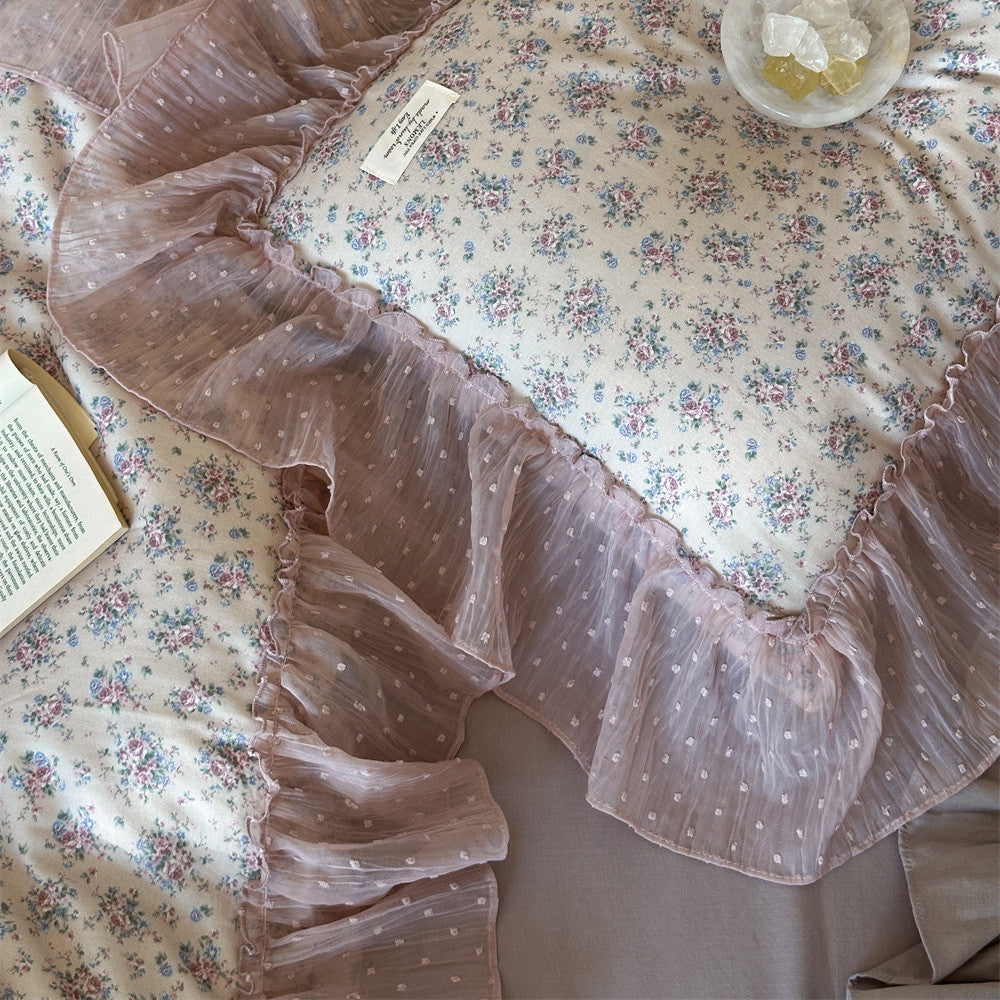 Lavender Floral Gauze Bedding Set – Chiffon Ruffled Edges