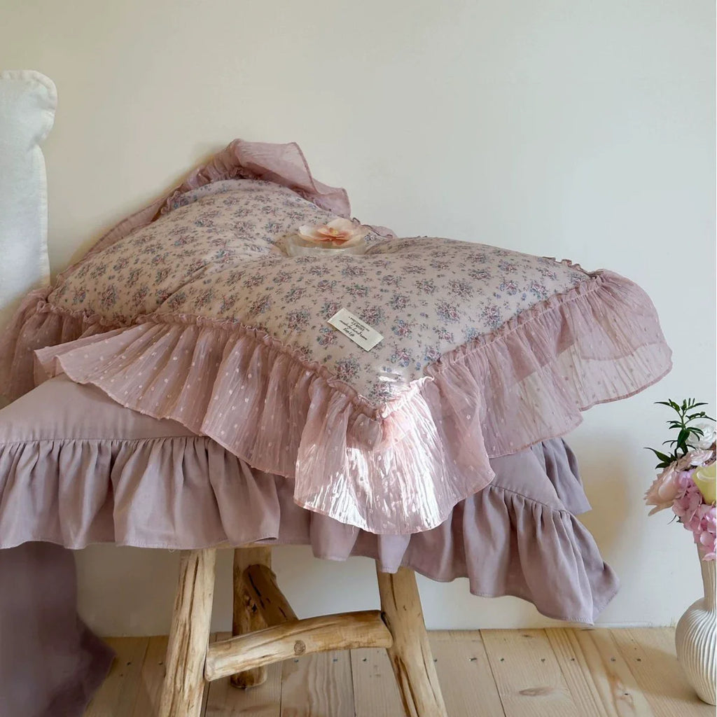 Lavender Floral Gauze Bedding Set – Chiffon Ruffled Edges