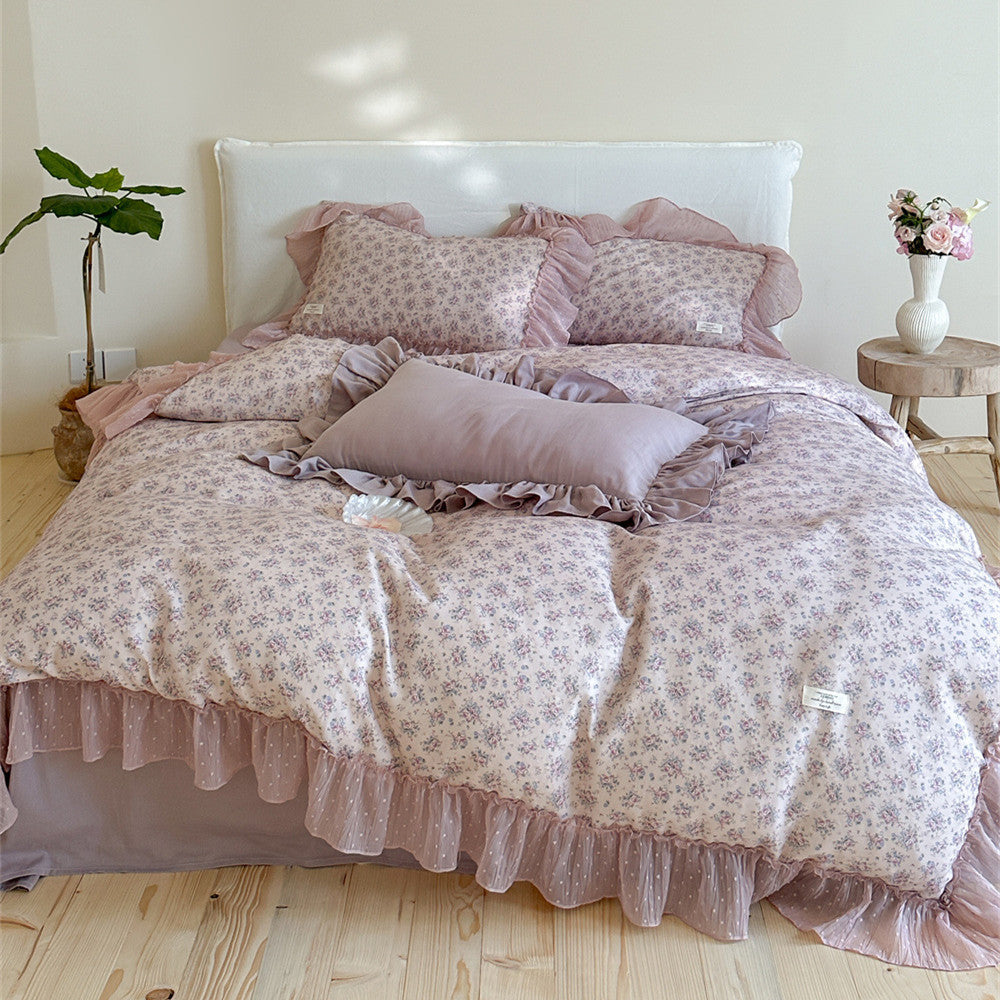 Lavender Floral Gauze Bedding Set – Chiffon Ruffled Edges