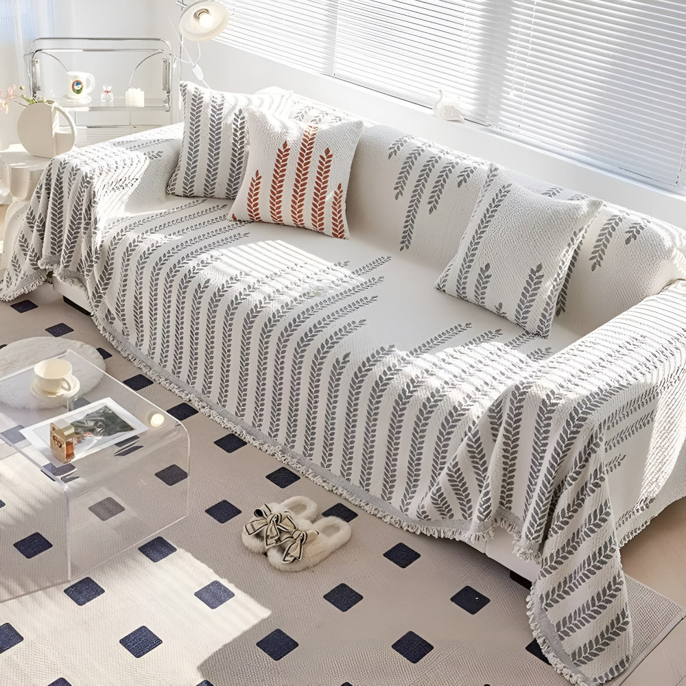 Leaf Fringed Lace Sofa Cover Ash Vine