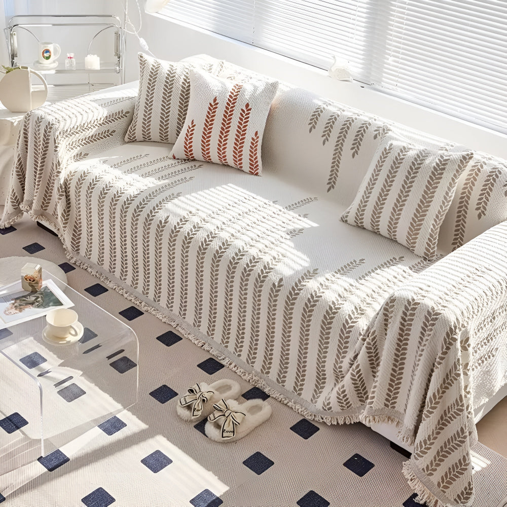 Leaf Fringed Lace Sofa Cover Taupe Thread