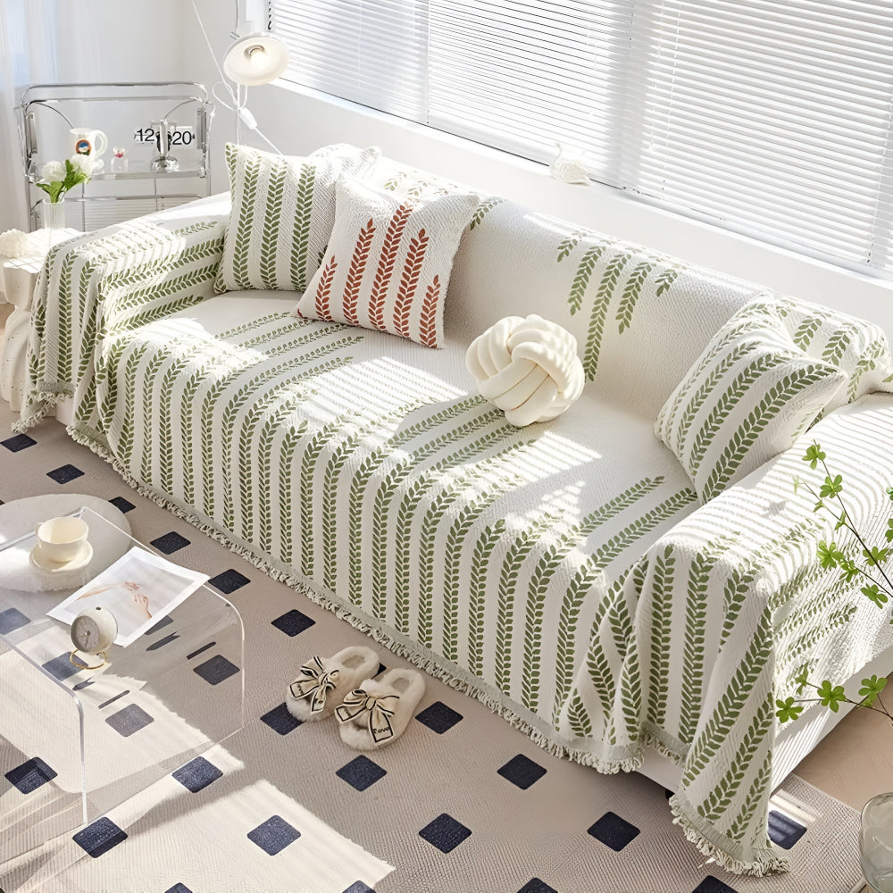 Leaf Fringed Lace Sofa Cover Olive Braid