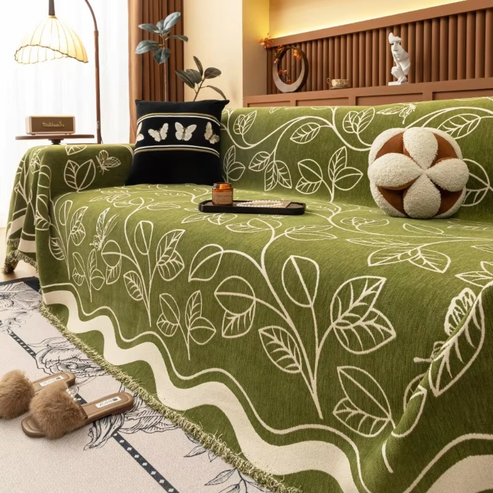 Leaf Inspired Luxury Chenille Sofa Cover Green Serenity
