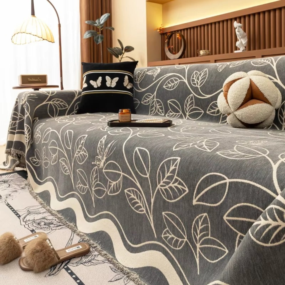 Leaf Inspired Luxury Chenille Sofa Cover Gray Charm