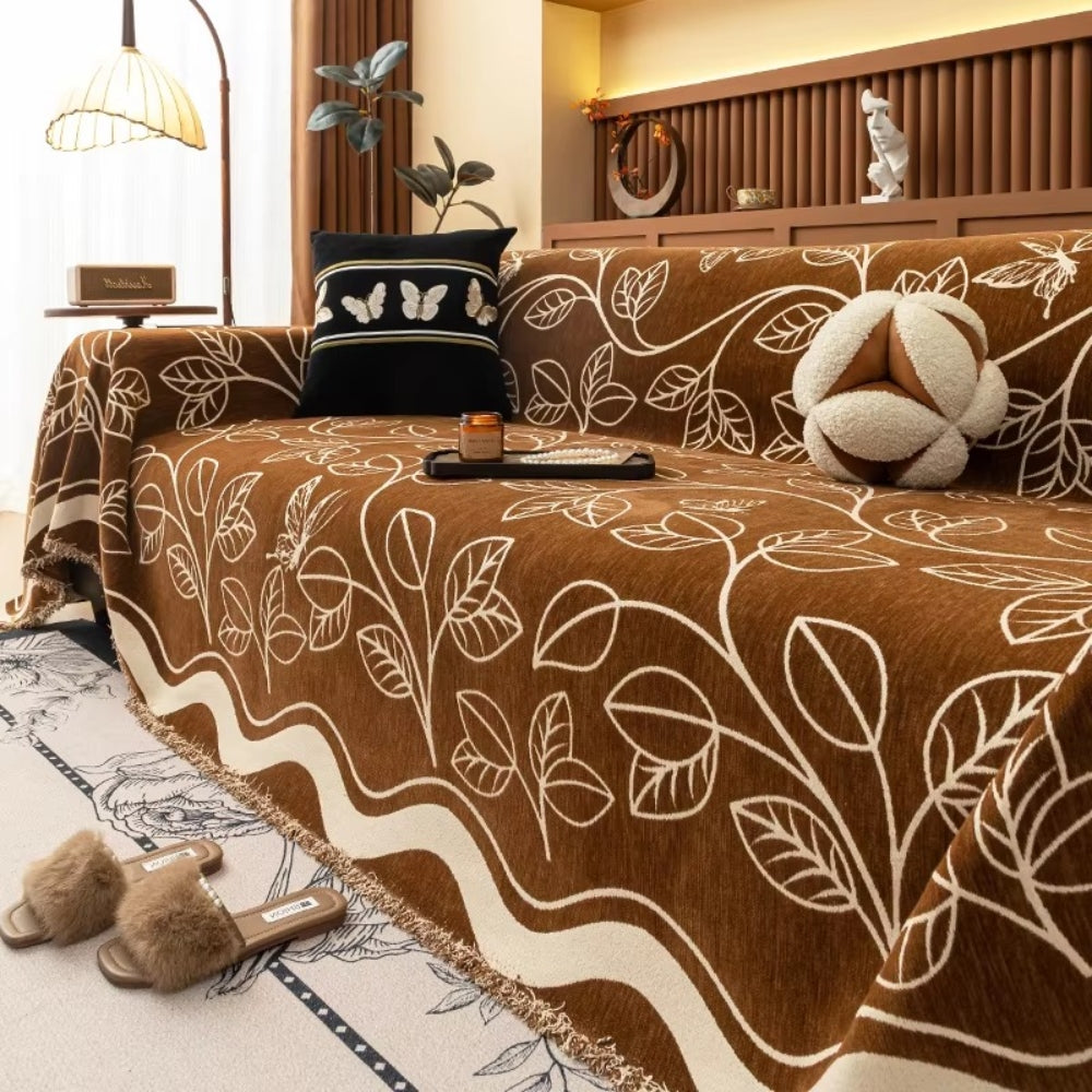 Leaf Inspired Luxury Chenille Sofa Cover Brown Elegance