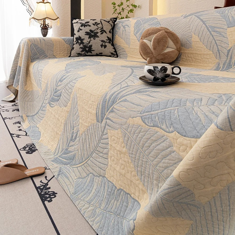 Leaf Pattern Gauze Sofa Cover Golden Sand