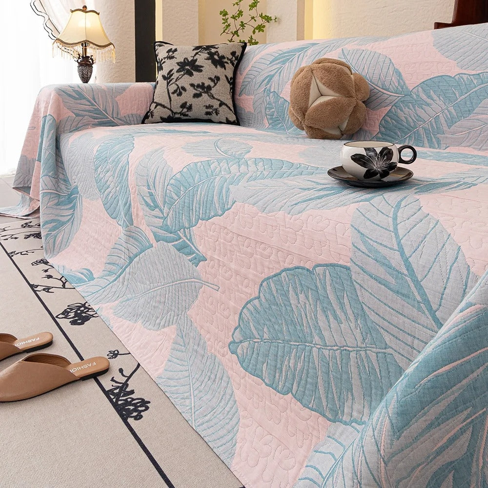 Leaf Pattern Gauze Sofa Cover Blush Breeze