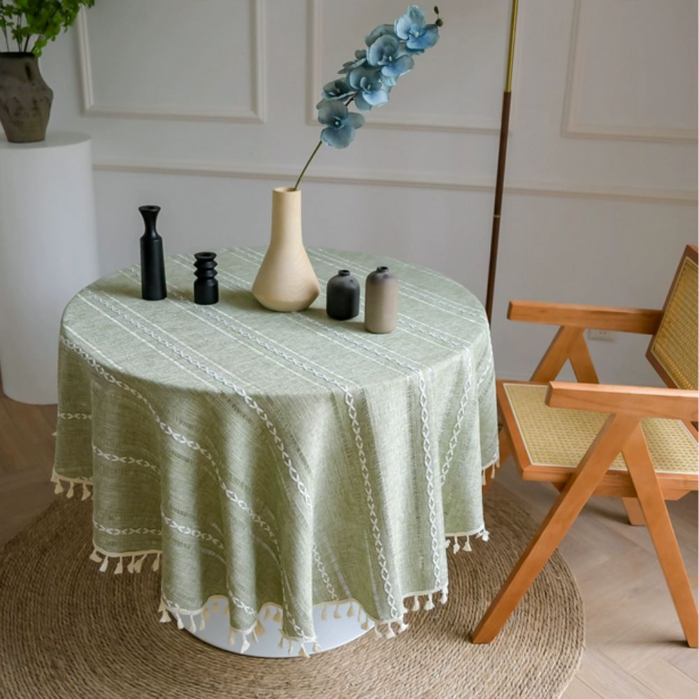 Leafline Embroidered Round Tablecloth Sage Leaf