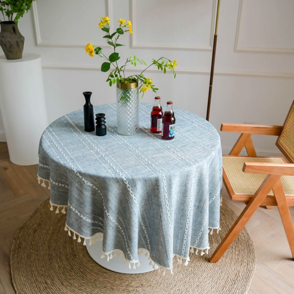 Leafline Embroidered Round Tablecloth Dusty Sky