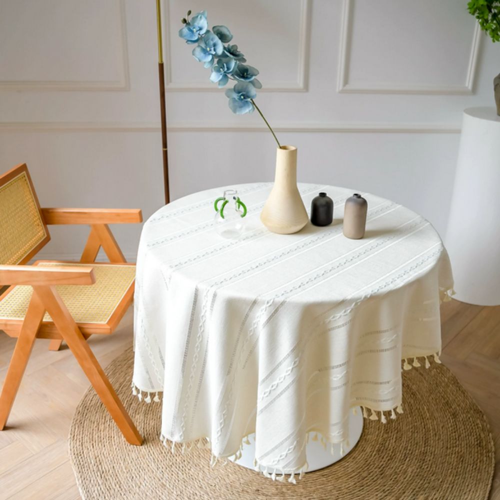 Leafline Embroidered Round Tablecloth Ivory Cream