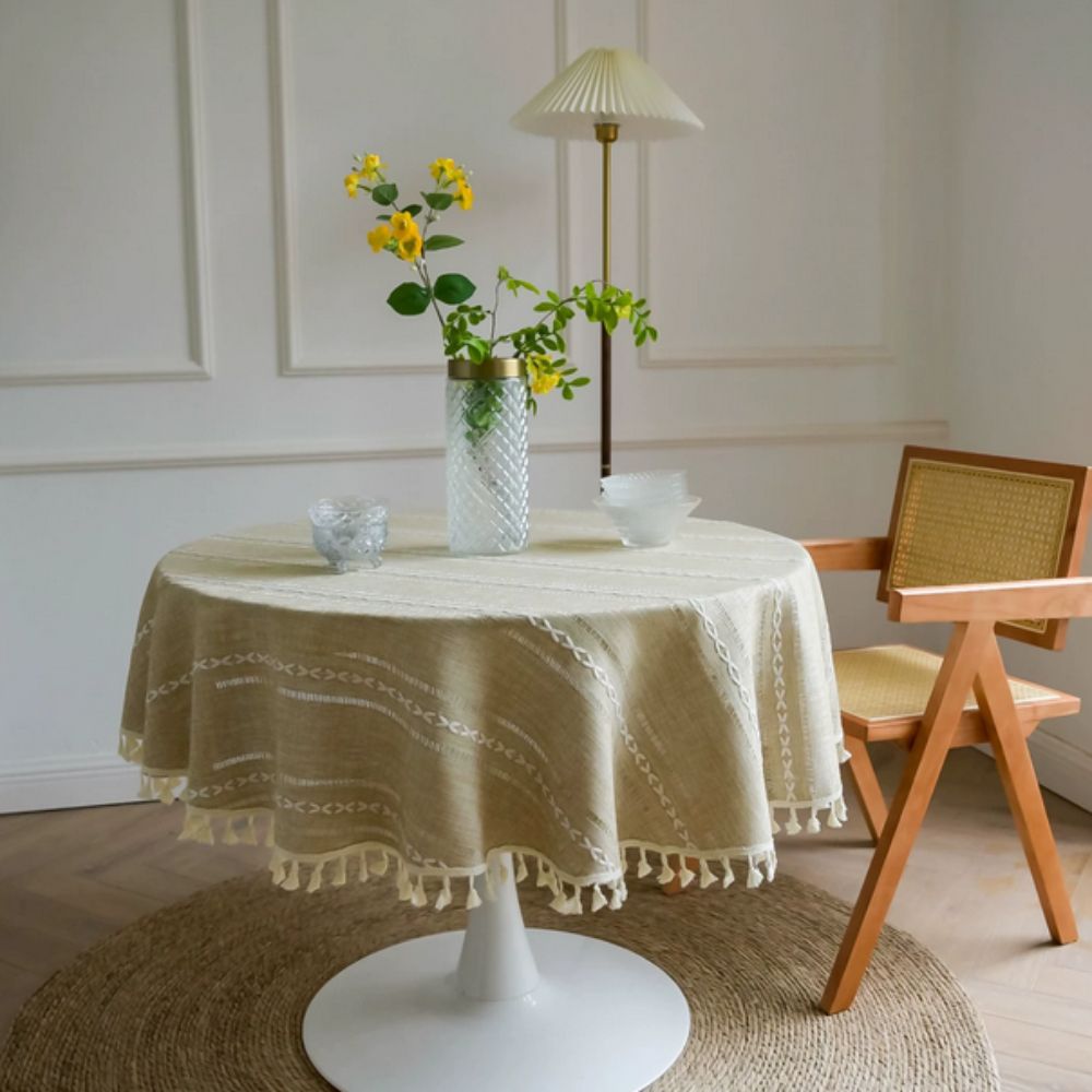 Leafline Embroidered Round Tablecloth Wheat Linen