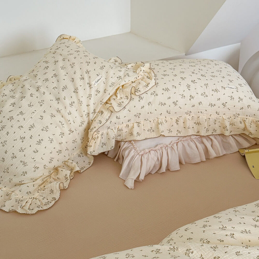 Cotton Muslin Duvet Cover – Olive Green Floral Ruffle (Twin/Queen)