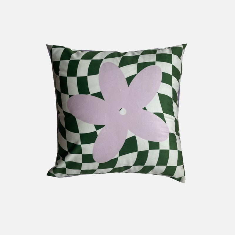 Lilac Green Floral Check Pillow Cover Big Flower