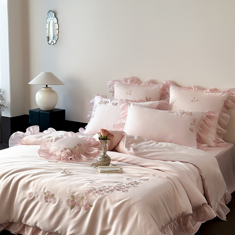 Pink TENCEL™ Ruffle Bedding Set – Rose Embroidery