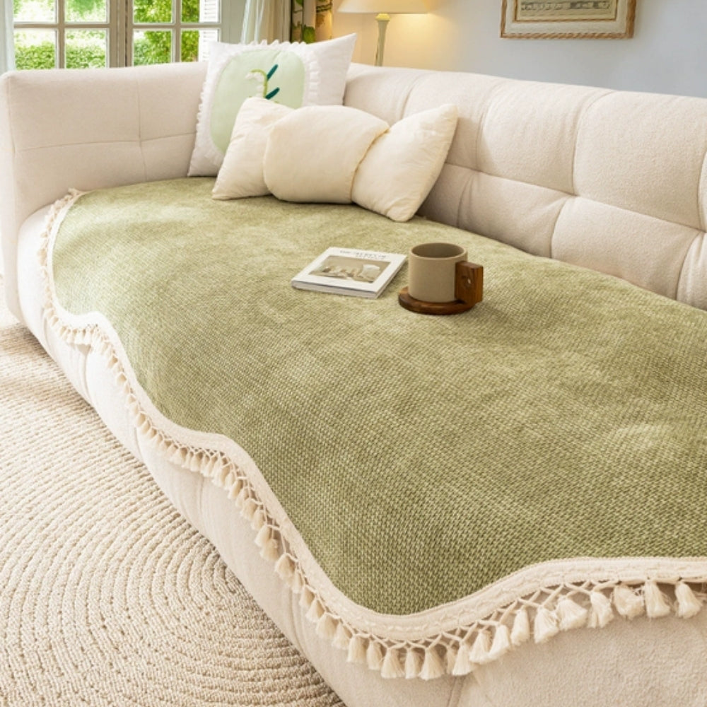 Luxury Chenille Woven Texture Tassel Sofa Cover Olive Charm