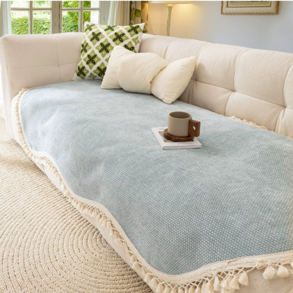 Luxury Chenille Woven Texture Tassel Sofa Cover Sky Mist