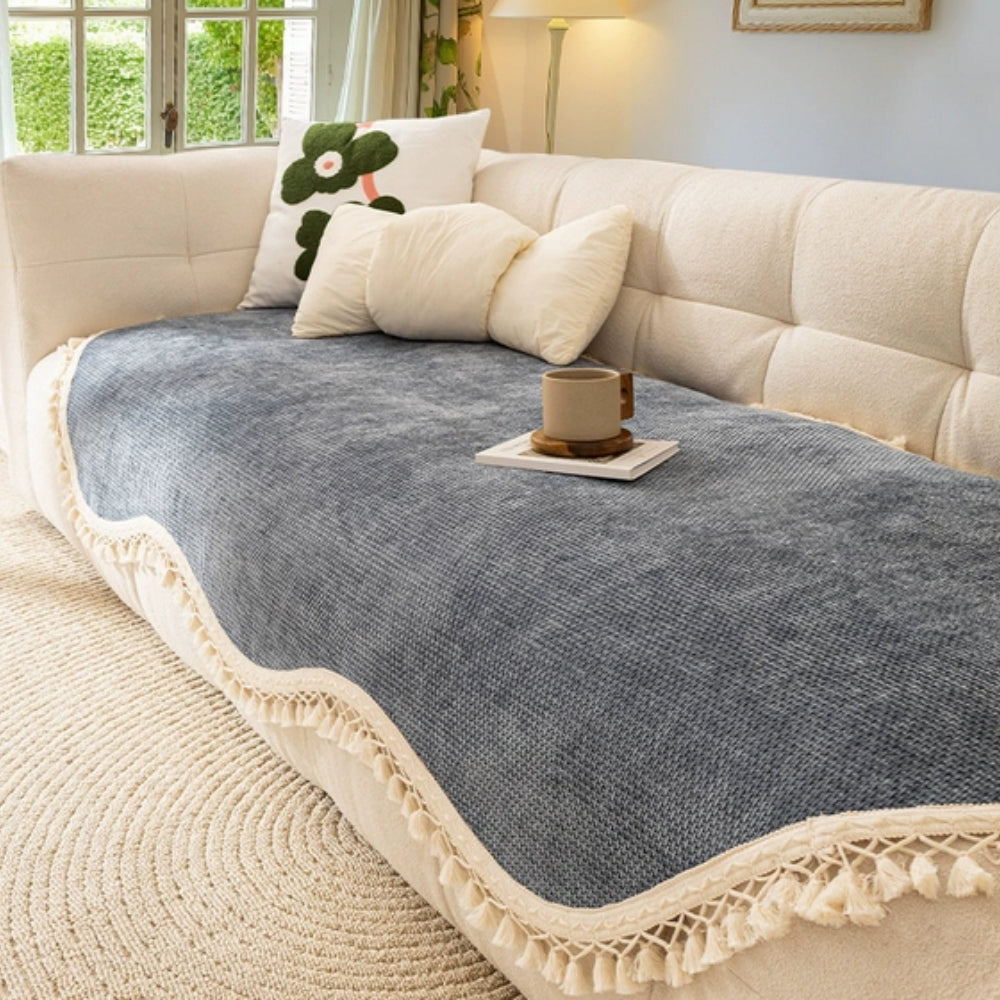 Luxury Chenille Woven Texture Tassel Sofa Cover Slate Touch