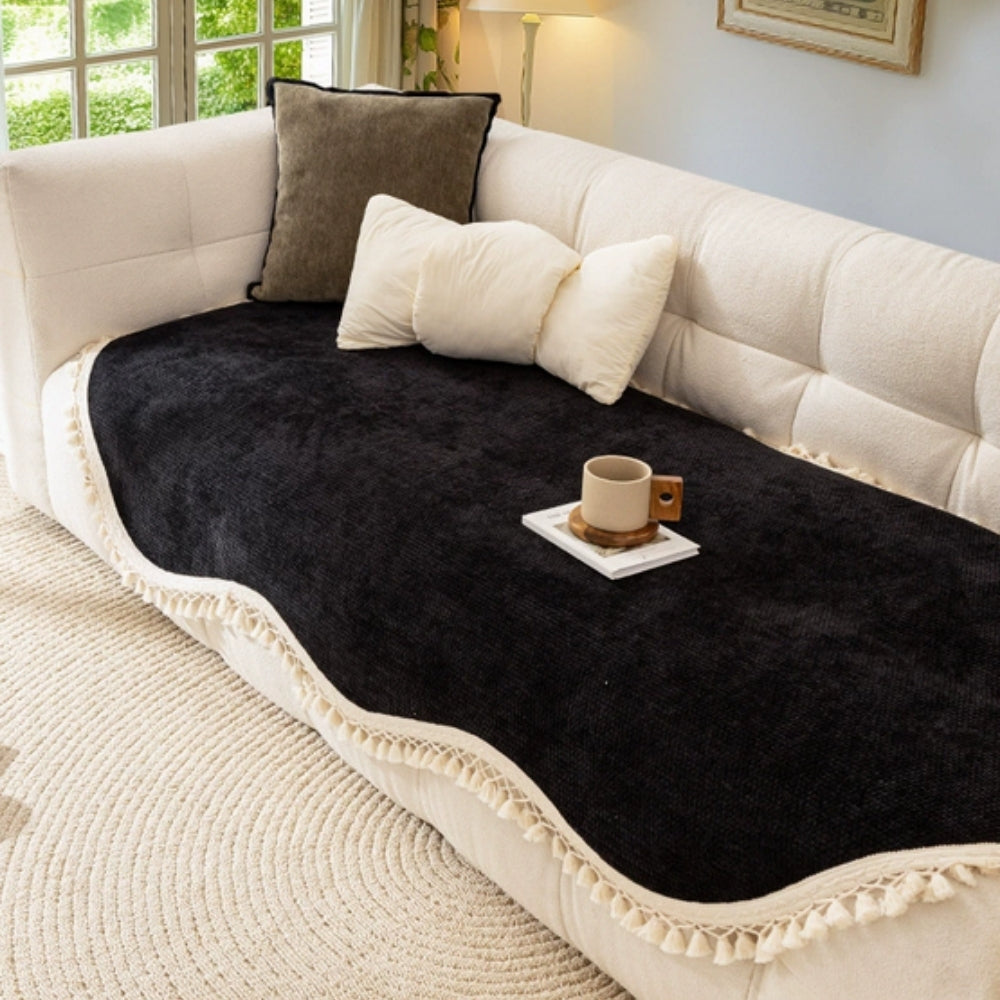Luxury Chenille Woven Texture Tassel Sofa Cover Midnight Luxe