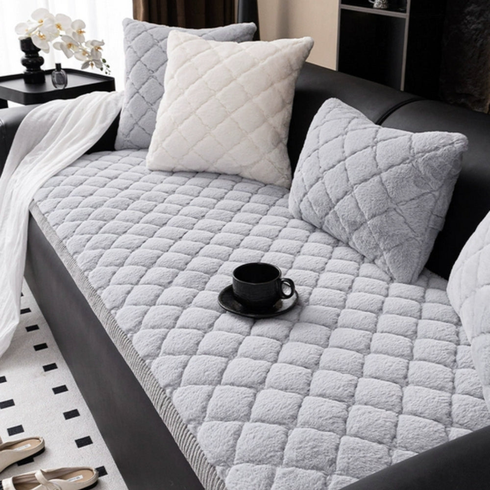 Luxury Plush Diamond Stitched Sofa Cover Silver Cloud
