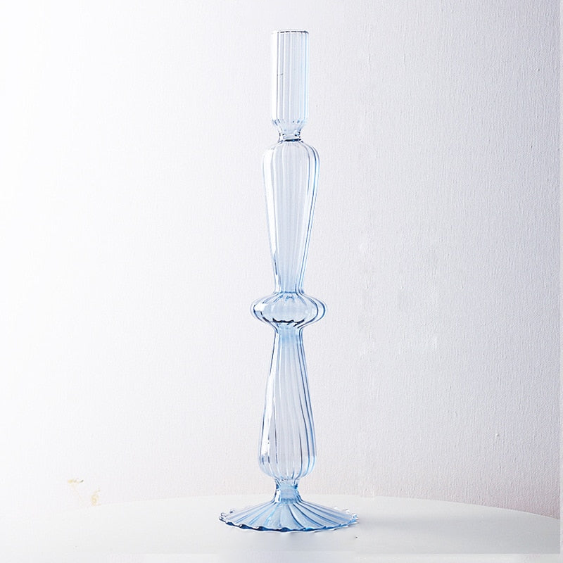 Macaroon Glass Ripple Candle Holders Flute Blue