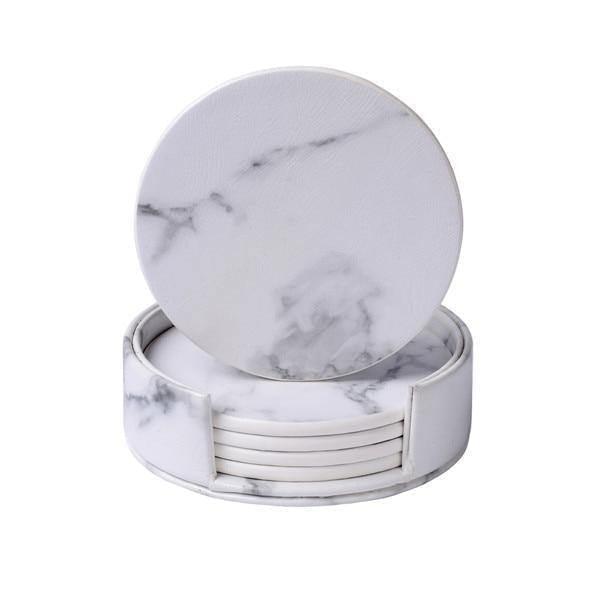 Vegan Leather Coaster Set Marbled White Round
