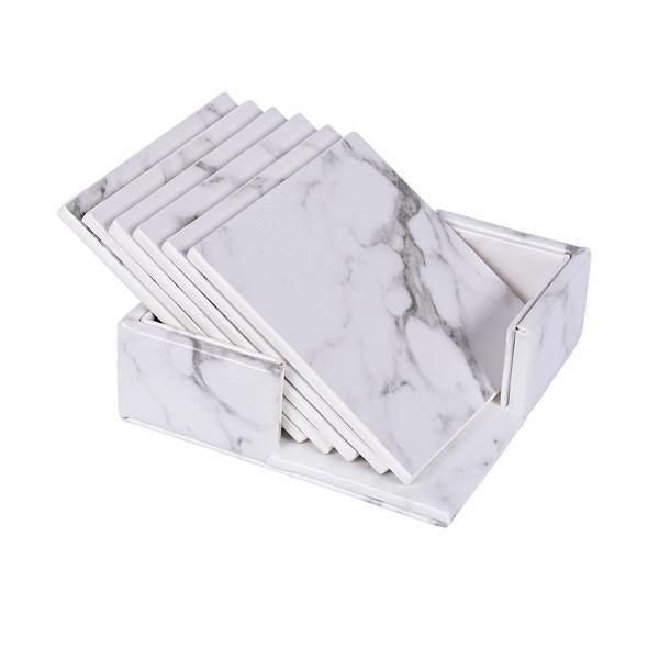 Vegan Leather Coaster Set Marbled White Square