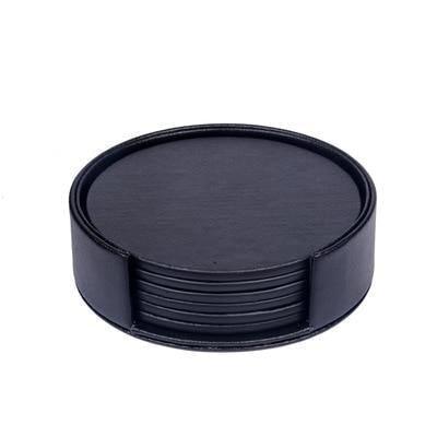 Vegan Leather Coaster Set Black Round