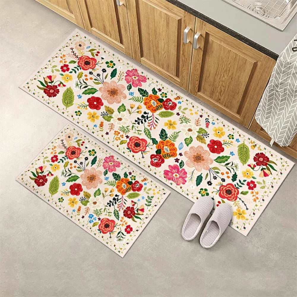 Meadow Boho Floral Kitchen Mat Set Vanilla Garden