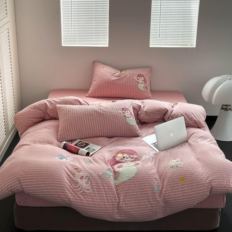 Mermaid Cotton Jersey Bedding Set – Pink Striped Kids Bedding