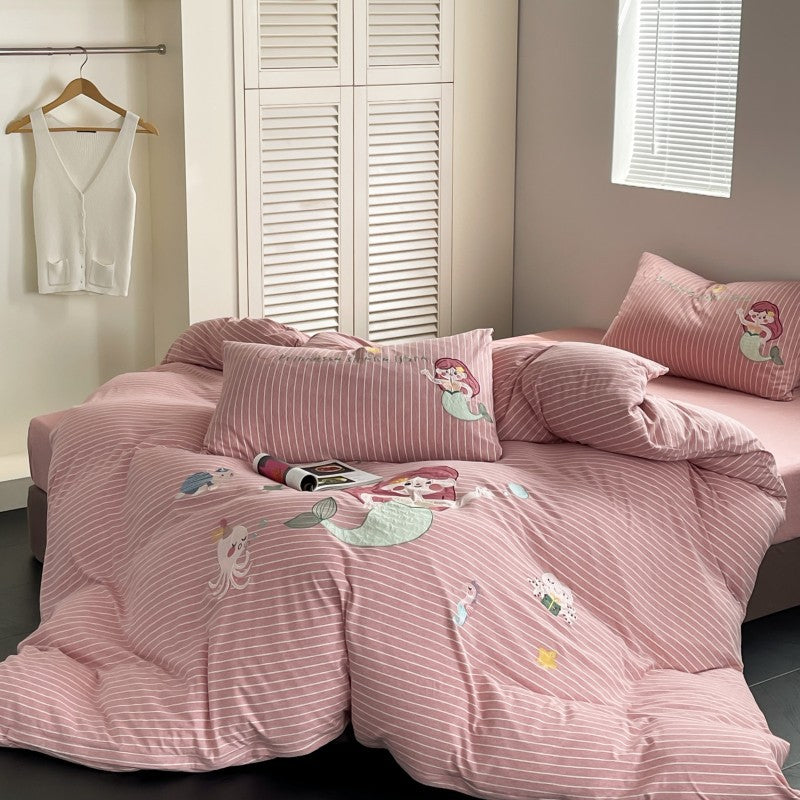 Mermaid Cotton Jersey Bedding Set – Pink Striped Kids Bedding