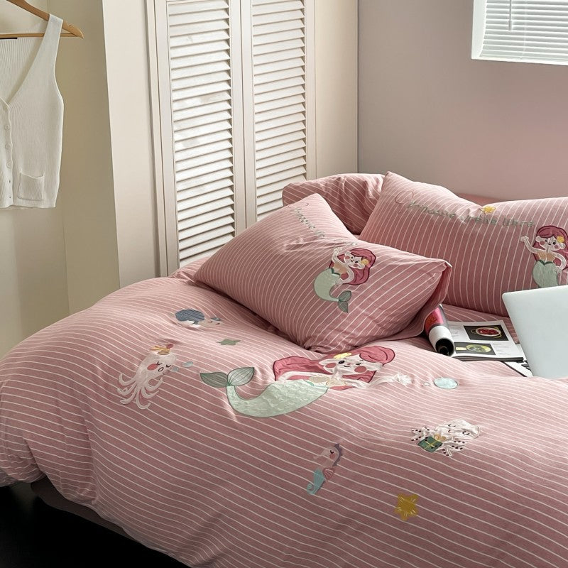 Mermaid Cotton Jersey Bedding Set – Pink Striped Kids Bedding
