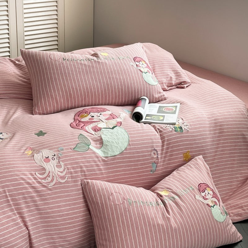 Mermaid Cotton Jersey Bedding Set – Pink Striped Kids Bedding