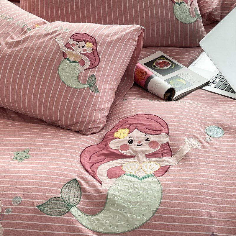 Mermaid Cotton Jersey Bedding Set – Pink Striped Kids Bedding