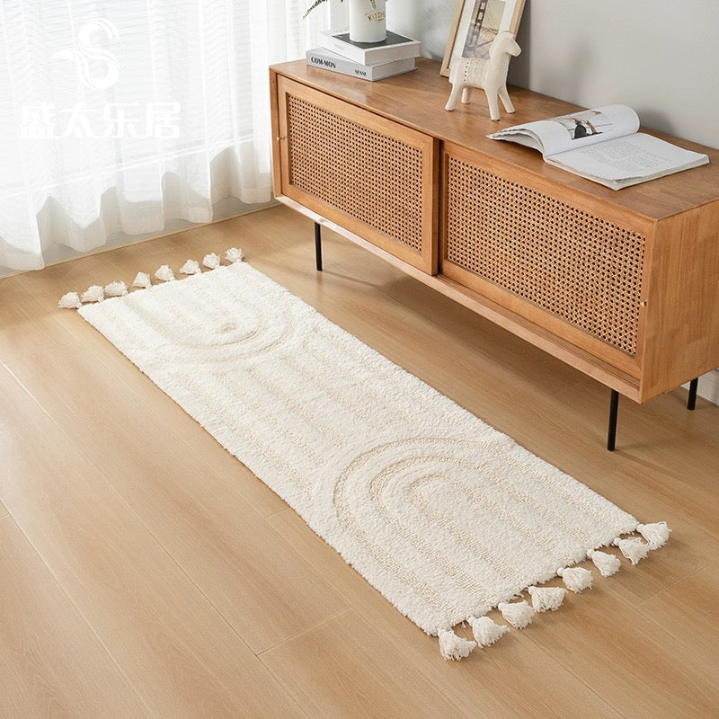 Handmade Cotton Tassel Runner Rug – Minimalist Rainbow