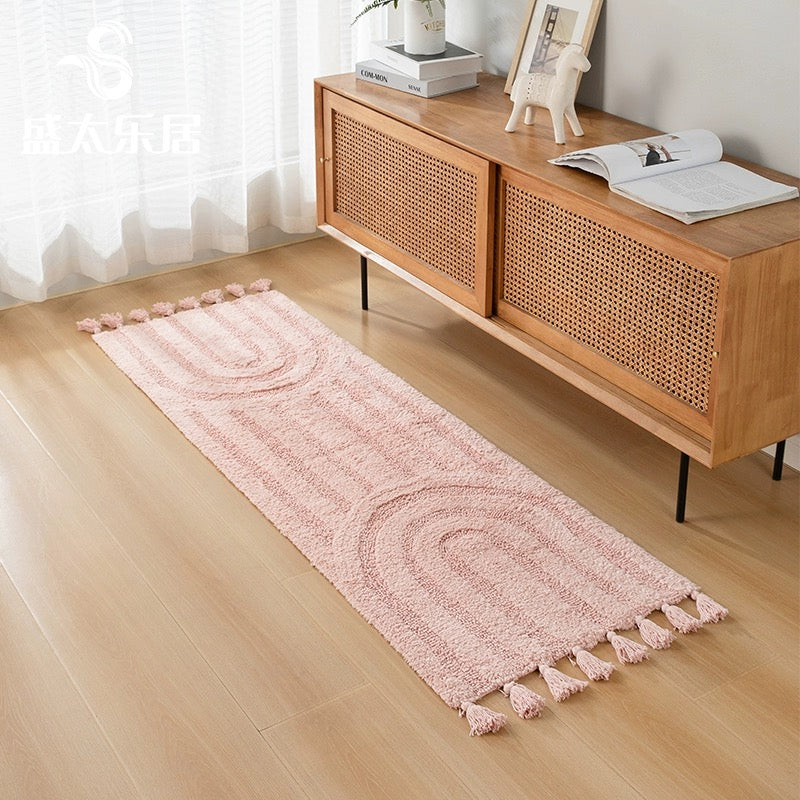 Handmade Cotton Tassel Runner Rug – Minimalist Rainbow Blush Pink