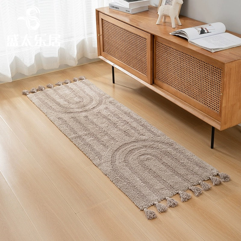 Handmade Cotton Tassel Runner Rug – Minimalist Rainbow Light Brown